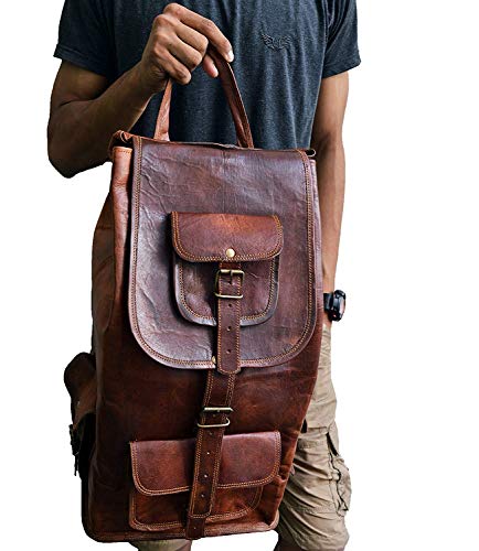 18" Brown Leather Backpack Vintage Rucksack Laptop Bag Water Resistant Casual Daypack College Bookbag Comfortable Lightweight Travel Hiking/Picnic for Men