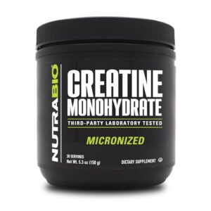 nutrabio creatine monohydrate - micronized and pure grade - supports muscle energy and strength - (150 grams) - unflavored, hplc tested (150g)