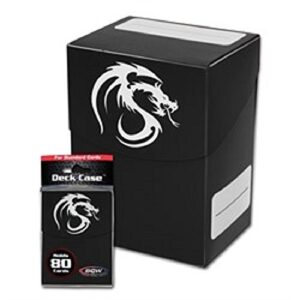 bcw black standard deck case for collectable gaming cards like magic the gathering mtg, pokemon, yu-gi-oh!, & more. dragon graphic on box.