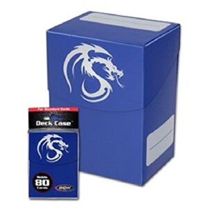 bcw blue standard deck case for collectable gaming cards like magic the gathering mtg, pokemon, yu-gi-oh!, & more. dragon graphic on box.