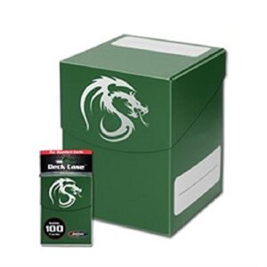 bcw large green deck case for collectable gaming cards like magic the gathering mtg, pokemon, yu-gi-oh!, & more. dragon graphic on box.