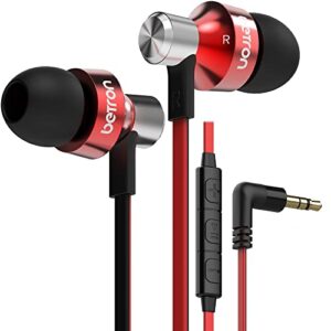 betron dc950 in ear headphones wired earphones noise isolating earbuds with microphone volume control tangle free cable hd bass lightweight case ear bud tips 3.5mm jack plug (red)
