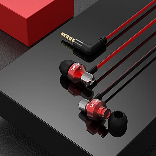 Betron DC950 in Ear Headphones Wired Earphones Noise Isolating Earbuds with Microphone Volume Control Tangle Free Cable HD Bass Lightweight Case Ear Bud Tips 3.5mm Jack Plug (Red)