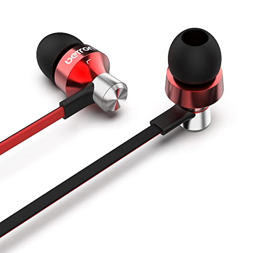 Betron DC950 in Ear Headphones Wired Earphones Noise Isolating Earbuds with Microphone Volume Control Tangle Free Cable HD Bass Lightweight Case Ear Bud Tips 3.5mm Jack Plug (Red)