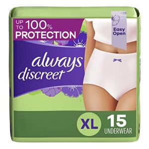 always discreet adult incontinence & postpartum underwear for women, classic cut, size x-large, maximum absorbency, disposable, 15 count (pack of 1)