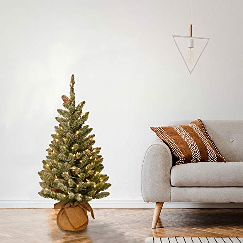 National Tree Company Pre-lit Artificial Mini Christmas Tree | Includes Small White LED Lights and Cloth Bag Base | Snowy Concolor Fir Burlap - 3 ft, Brown/Green