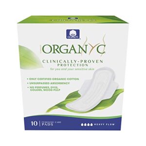 Organyc 100% Certified Organic Cotton Feminine Pads, Sanitary Napkin, Heavy Flow, 10 Count