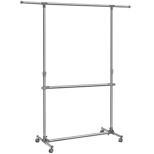 SONGMICS Double Rod Clothes Rack, Adjustable Garment Clothing Rack, Hanging Rail on Wheels, Gray ULLR401