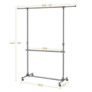 SONGMICS Double Rod Clothes Rack, Adjustable Garment Clothing Rack, Hanging Rail on Wheels, Gray ULLR401