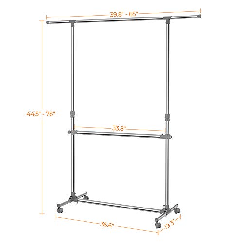 SONGMICS Double Rod Clothes Rack, Adjustable Garment Clothing Rack, Hanging Rail on Wheels, Gray ULLR401