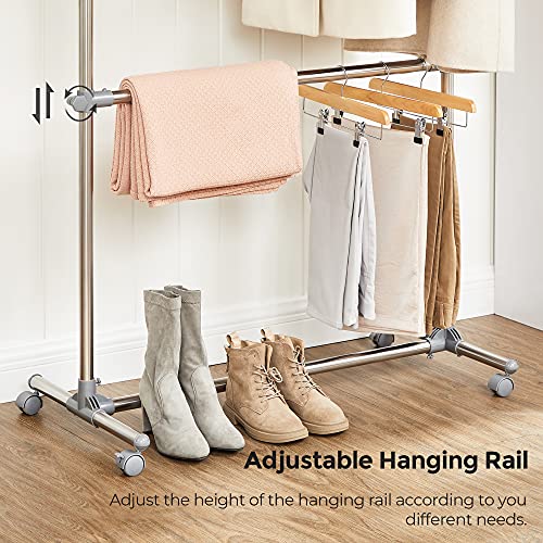 SONGMICS Double Rod Clothes Rack, Adjustable Garment Clothing Rack, Hanging Rail on Wheels, Gray ULLR401