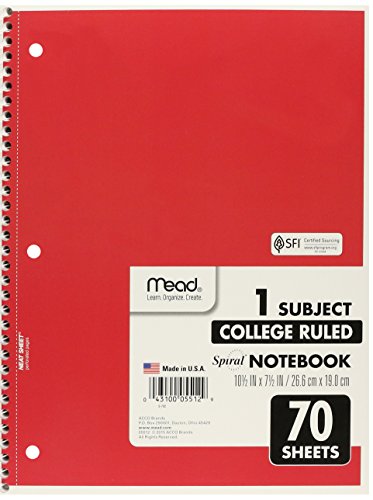 Mead Spiral Notebook, College Ruled, 1 Subject, 70 Sheets, 7.5" x 10.5", 12 Pack, Assorted Colors (05512-12)