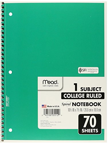 Mead Spiral Notebook, College Ruled, 1 Subject, 70 Sheets, 7.5" x 10.5", 12 Pack, Assorted Colors (05512-12)