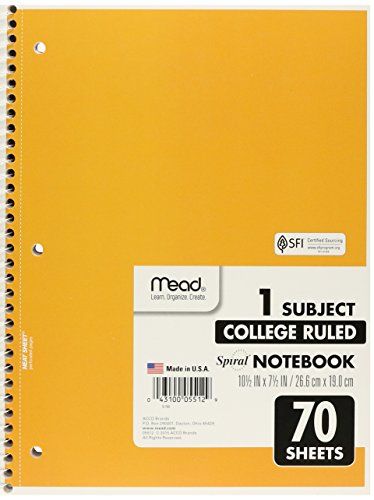 Mead Spiral Notebook, College Ruled, 1 Subject, 70 Sheets, 7.5" x 10.5", 12 Pack, Assorted Colors (05512-12)