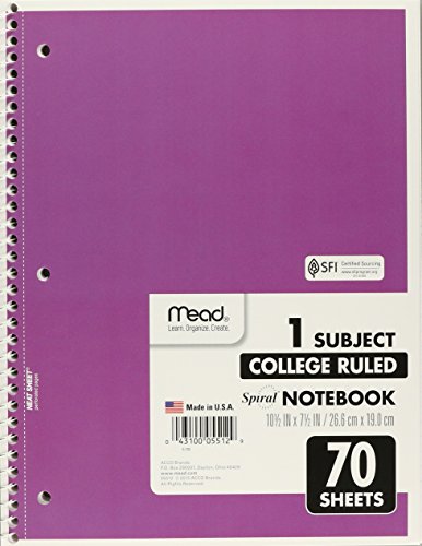 Mead Spiral Notebook, College Ruled, 1 Subject, 70 Sheets, 7.5" x 10.5", 12 Pack, Assorted Colors (05512-12)