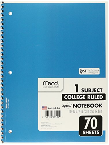 Mead Spiral Notebook, College Ruled, 1 Subject, 70 Sheets, 7.5" x 10.5", 12 Pack, Assorted Colors (05512-12)