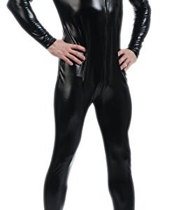 Seeksmile Unisex Metallic Bodysuit Zentai without Hood Adult Shiny One Piece Spandex Body Suit Halloween Costume (Medium, Black)
