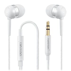 betron rk300 in ear headphones earphones wired with noise isolating earbuds tangle free cord lightweight carry case soft ear buds 3.5mm plug (white)