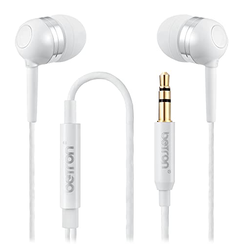 Betron RK300 in Ear Headphones Earphones Wired with Noise Isolating Earbuds Tangle Free Cord Lightweight Carry Case Soft Ear Buds 3.5mm Plug (White)