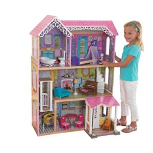 kidkraft wooden sweet & pretty dollhouse with elevator and 15-piece accessories, for 12-inch dolls, large 3-story house, gift for ages 3+
