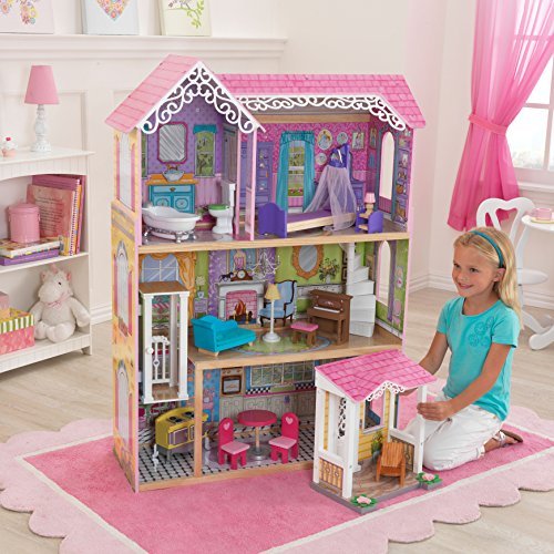 KidKraft Wooden Sweet & Pretty Dollhouse with Elevator and 15-Piece Accessories, for 12-Inch Dolls, Large 3-Story House, Gift for Ages 3+