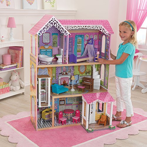 KidKraft Wooden Sweet & Pretty Dollhouse with Elevator and 15-Piece Accessories, for 12-Inch Dolls, Large 3-Story House, Gift for Ages 3+