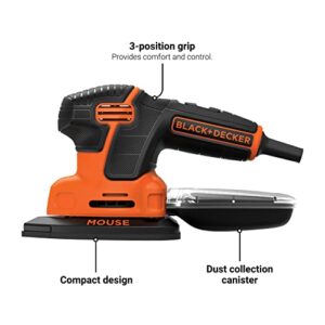 BLACK+DECKER Detail Sander, 1.2 Amp, 16,000 OPM, Compact Design, 3-Position Grip for Comfort, Includes Dust Collector, Corded (BDEMS600)