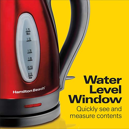 Hamilton Beach Electric Tea Kettle, Water Boiler & Heater, 1.7 Liter, Cordless Serving, 1500 Watts for Fast Boiling, Auto-Shutoff and Boil-Dry Protection, Red (40885)