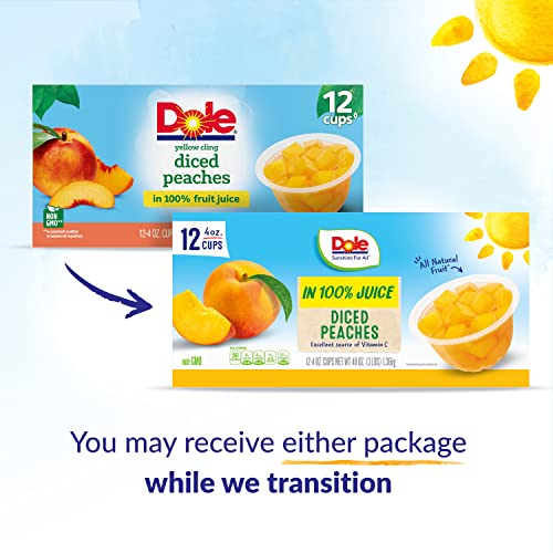 Dole Fruit Bowls Diced Peaches in 100% Juice, Back To School, Gluten Free Healthy Snack, 4oz, 12 Cups