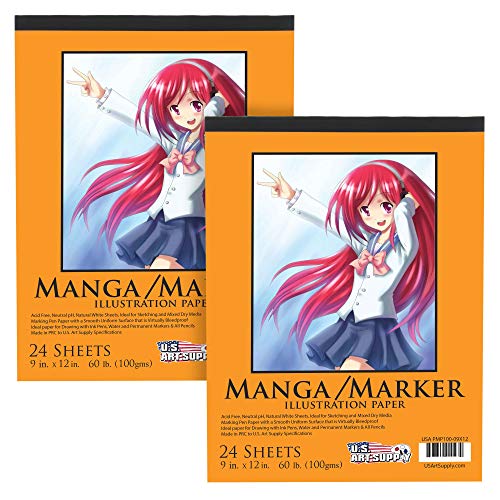 U.S. Art Supply 9" x 12" Premium Manga-Marker Paper Pad, 60 Pound (100gsm), Pad of 24-Sheets (Pack of 2 Pads)