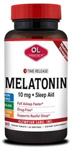 olympian labs melatonin 10mg time release with vitamin b6 - maximum strength tablets - drug-free, supports restful sleep, nighttime sleep aid - 60 vegan tablets (60 servings)