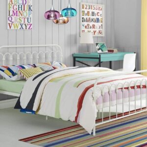 Novogratz Bright Pop Metal Bed, Adjustable Height for Underbed Storage (6.5" or 11"), Metal Slats Included, Full, White