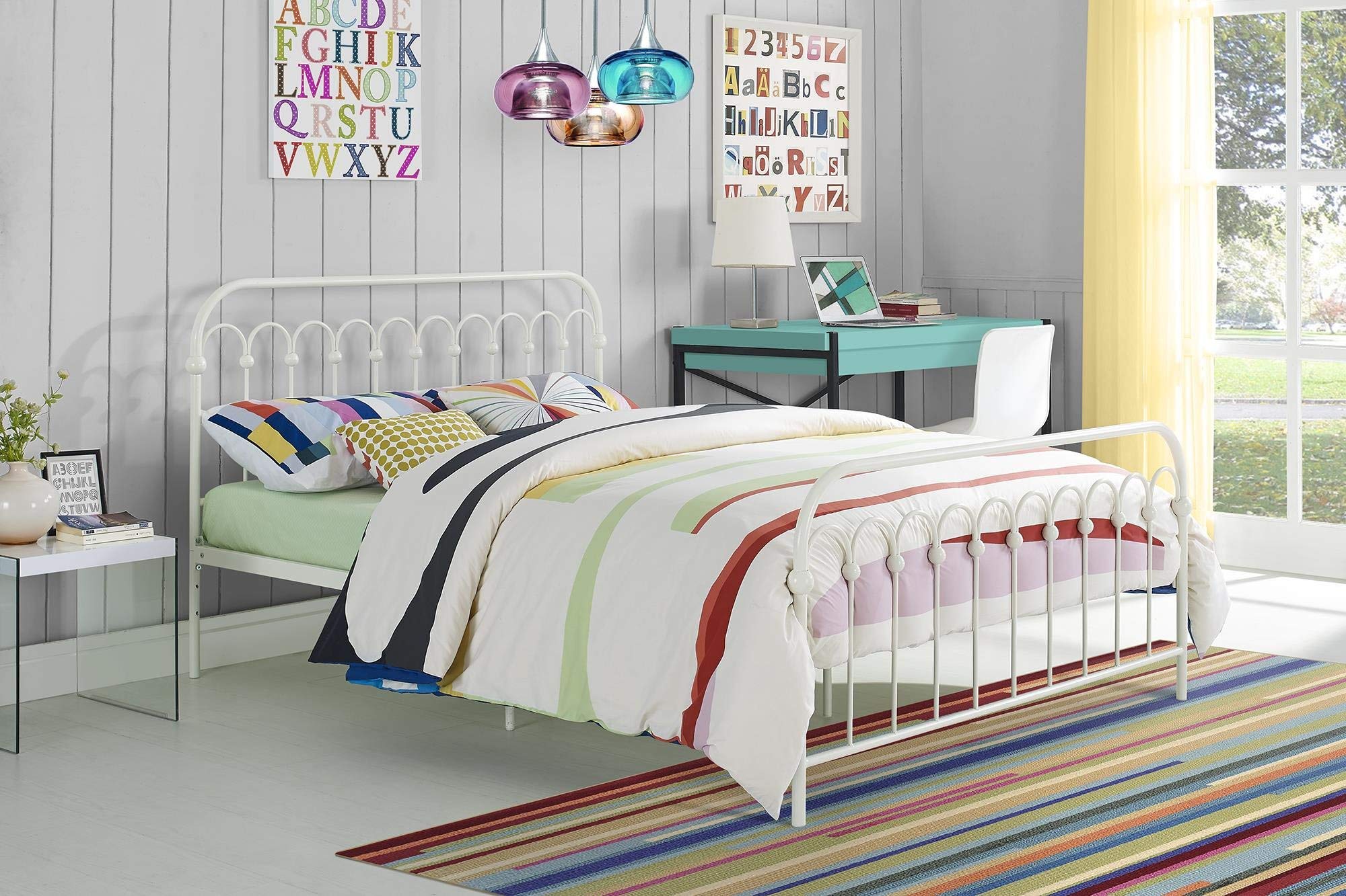 Novogratz Bright Pop Metal Bed, Adjustable Height for Underbed Storage (6.5" or 11"), Metal Slats Included, Full, White