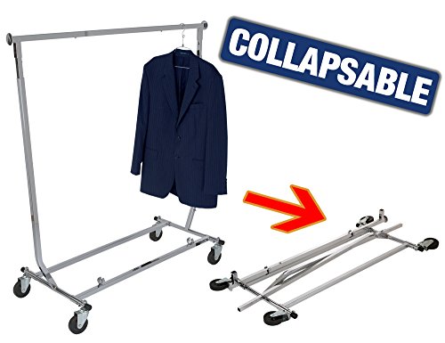 Econoco Collapsible Rolling Clothes Rack - Collapsible Clothing Rack, Commercial Grade Clothing Display, Square Tubing Rolling Rack, Chrome