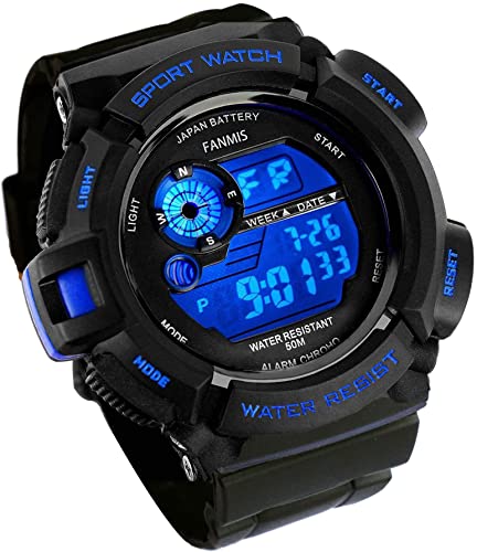 FANMIS Mens Military Multi Function Tactics Digital LED Sports Watch Large Face Electronic Waterproof Alarm Quartz Outdoor Waterproof Watch (Blue)