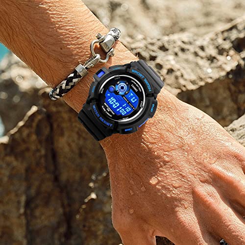 FANMIS Mens Military Multi Function Tactics Digital LED Sports Watch Large Face Electronic Waterproof Alarm Quartz Outdoor Waterproof Watch (Blue)