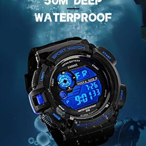 FANMIS Mens Military Multi Function Tactics Digital LED Sports Watch Large Face Electronic Waterproof Alarm Quartz Outdoor Waterproof Watch (Blue)