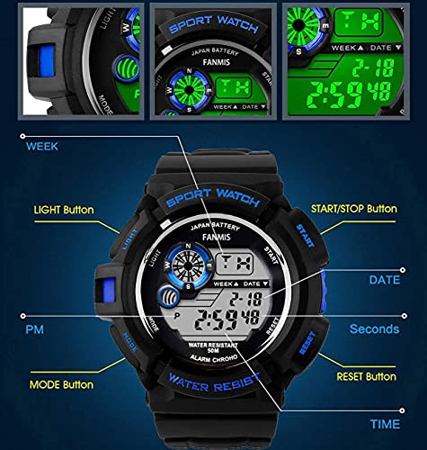 FANMIS Mens Military Multi Function Tactics Digital LED Sports Watch Large Face Electronic Waterproof Alarm Quartz Outdoor Waterproof Watch (Blue)