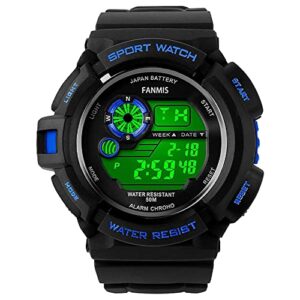 FANMIS Mens Military Multi Function Tactics Digital LED Sports Watch Large Face Electronic Waterproof Alarm Quartz Outdoor Waterproof Watch (Blue)