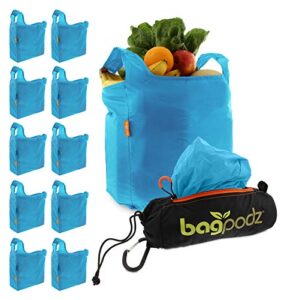 bagpodz reusable shopping bags inside a compact pod with carry clip - washable grocery shopping bags - reusable grocery bags heavy duty ripstop nylon holds 50lbs very sturdy, 10 pack in blue