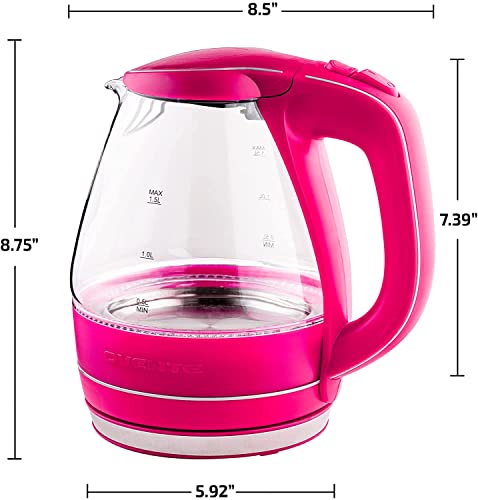 OVENTE Glass Electric Kettle Hot Water Boiler 1.5 Liter Borosilicate Glass Fast Boiling Countertop Heater - BPA Free Auto Shut Off Instant Water Heater Kettle for Coffee & Tea Maker - Pink KG83F