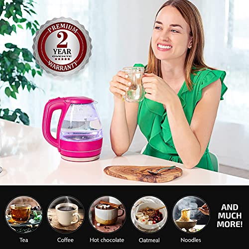 OVENTE Glass Electric Kettle Hot Water Boiler 1.5 Liter Borosilicate Glass Fast Boiling Countertop Heater - BPA Free Auto Shut Off Instant Water Heater Kettle for Coffee & Tea Maker - Pink KG83F