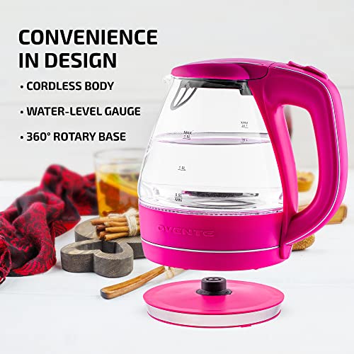 OVENTE Glass Electric Kettle Hot Water Boiler 1.5 Liter Borosilicate Glass Fast Boiling Countertop Heater - BPA Free Auto Shut Off Instant Water Heater Kettle for Coffee & Tea Maker - Pink KG83F