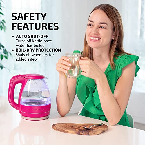 OVENTE Glass Electric Kettle Hot Water Boiler 1.5 Liter Borosilicate Glass Fast Boiling Countertop Heater - BPA Free Auto Shut Off Instant Water Heater Kettle for Coffee & Tea Maker - Pink KG83F