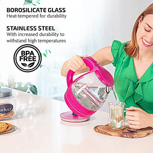 OVENTE Glass Electric Kettle Hot Water Boiler 1.5 Liter Borosilicate Glass Fast Boiling Countertop Heater - BPA Free Auto Shut Off Instant Water Heater Kettle for Coffee & Tea Maker - Pink KG83F