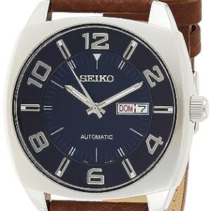 SEIKO SNKN37 Automatic Watch for Men - Recraft Series - Brown Leather Strap, Day/Date Calendar, 50m Water Resistant, Blue Dial, Luminous Hands & Markers, and 41 Hour Power Reserve