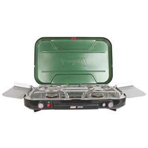 coleman classic 3-burner propane camping stove, portable camp stove with 3 adjustable burners and push-button instant ignition, includes wind guards, pressure control, and carry handle, 28,000 btus