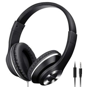 ausdom kids headphones lightweight over-ear wired hifi stereo headphones with built-in mic comfortable leather earphones- black