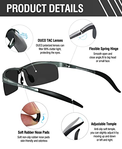 DUCO Mens Sports Polarized Sunglasses UV Protection Sunglasses for Men 8177s(Gunmetal Frame Gray Lens