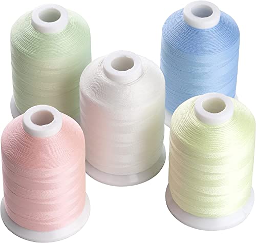 Simthread Glow in The Dark Machine Embroidery Thread 1000yards(1000M) 5 spools Set 30WT for Halloween Christmas Embroidery and Sewing Machines